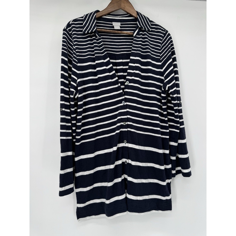 Chico's Nautical Stripe Navy Knit Button-Up Longline Cardigan Size 2 Large beach